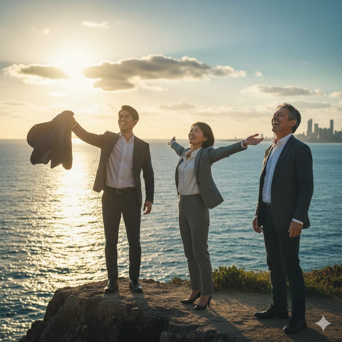 退職代行を利用し、職場の重圧から解放され、海を背景に晴れやかな笑顔を見せる20代から50代の男女