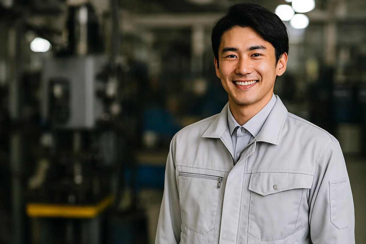 ものづくりエンジニアが工場で微笑むポートレート