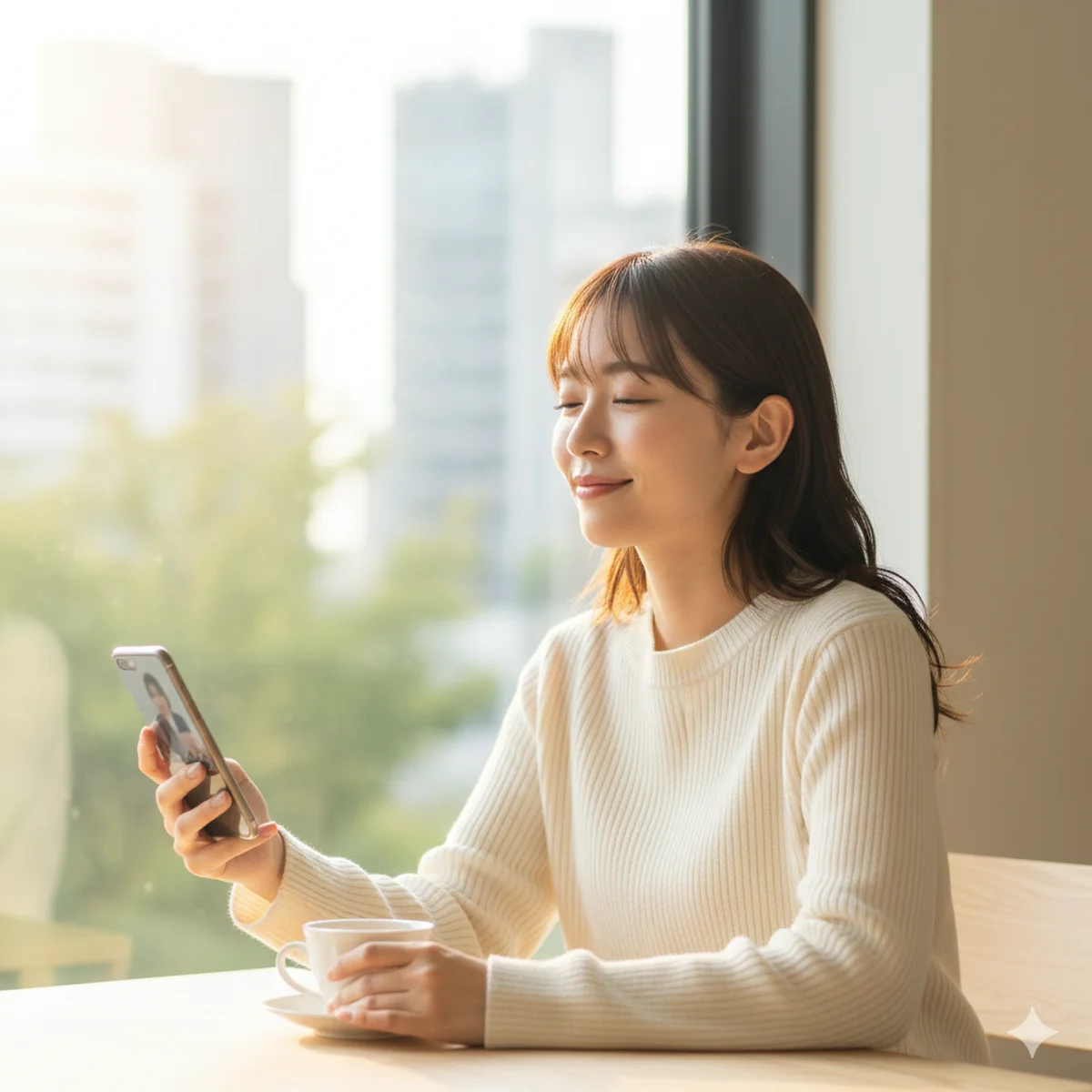 カウンセリング占いRadiantを利用し、悩みが解決して光の中で安堵の表情を浮かべる20代〜40代の女性