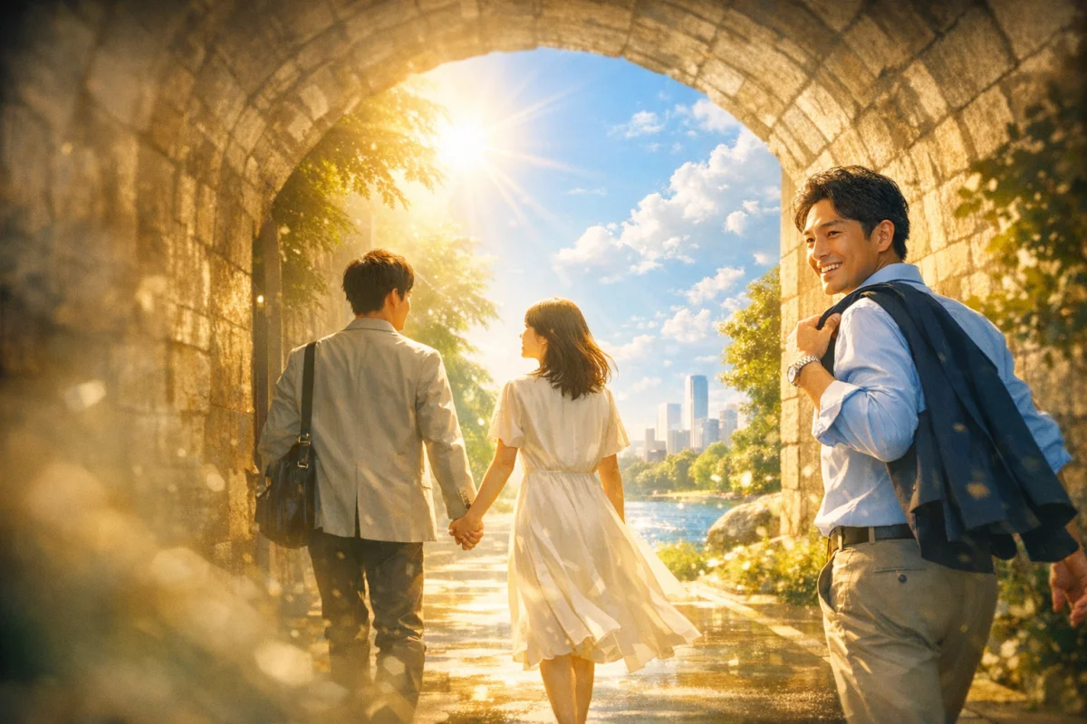 暗いトンネルから差す光へ向かって歩く日本人の若手と中年、退職と再出発を象徴する情景