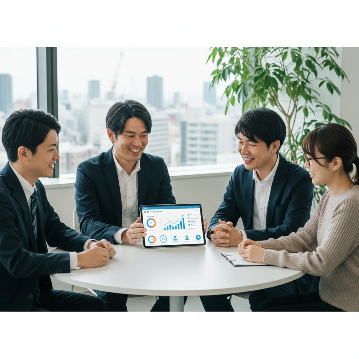 窓際の開放的な会議室で、グラフが表示されたタブレットを見せながら採用改善の成果を共有するチーム