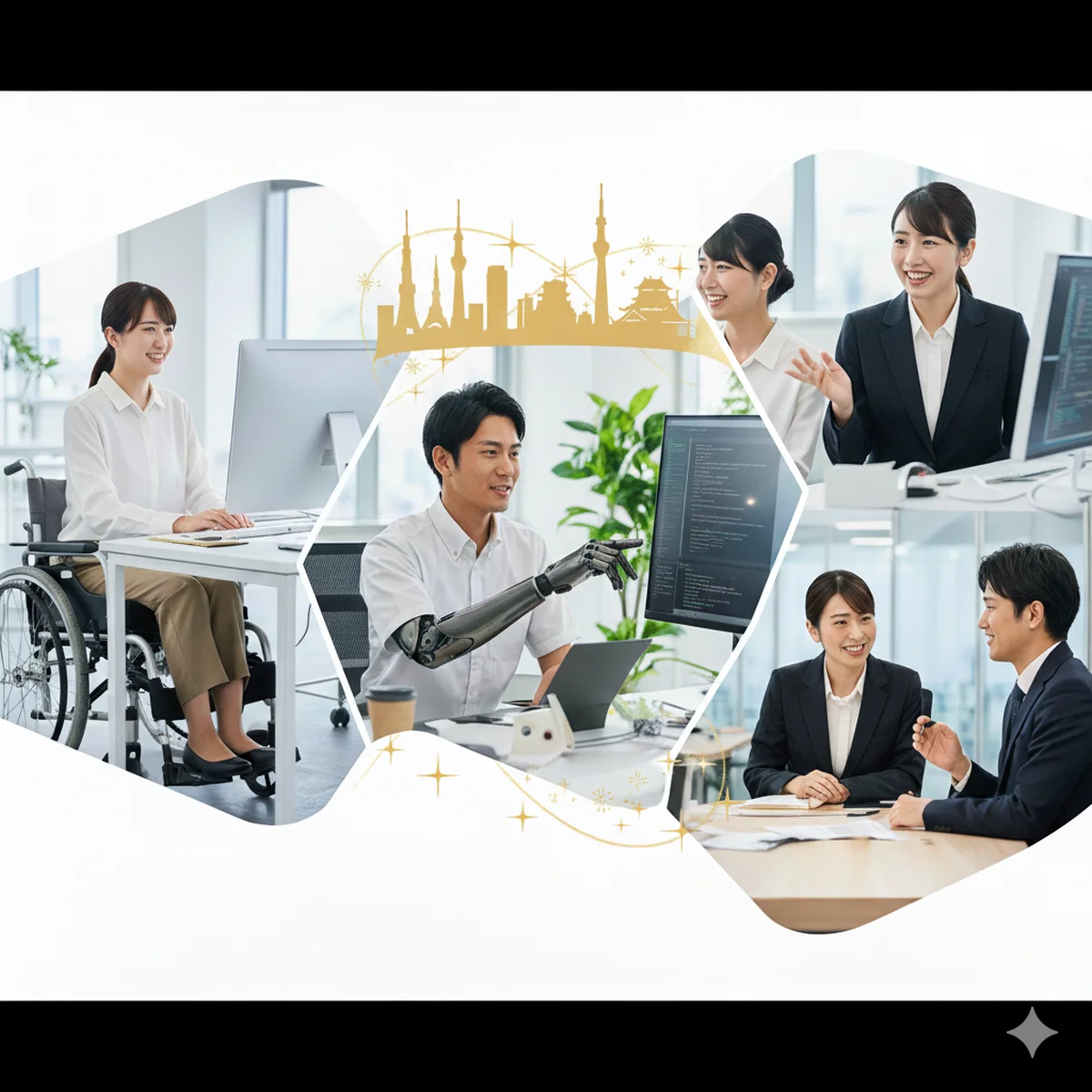 障害者雇用バンクを通じて、オフィスで明るく生き生きと働く20代から40代の男女。車椅子や義手を使用しながらプロフェッショナルに活躍するビジネスシーン