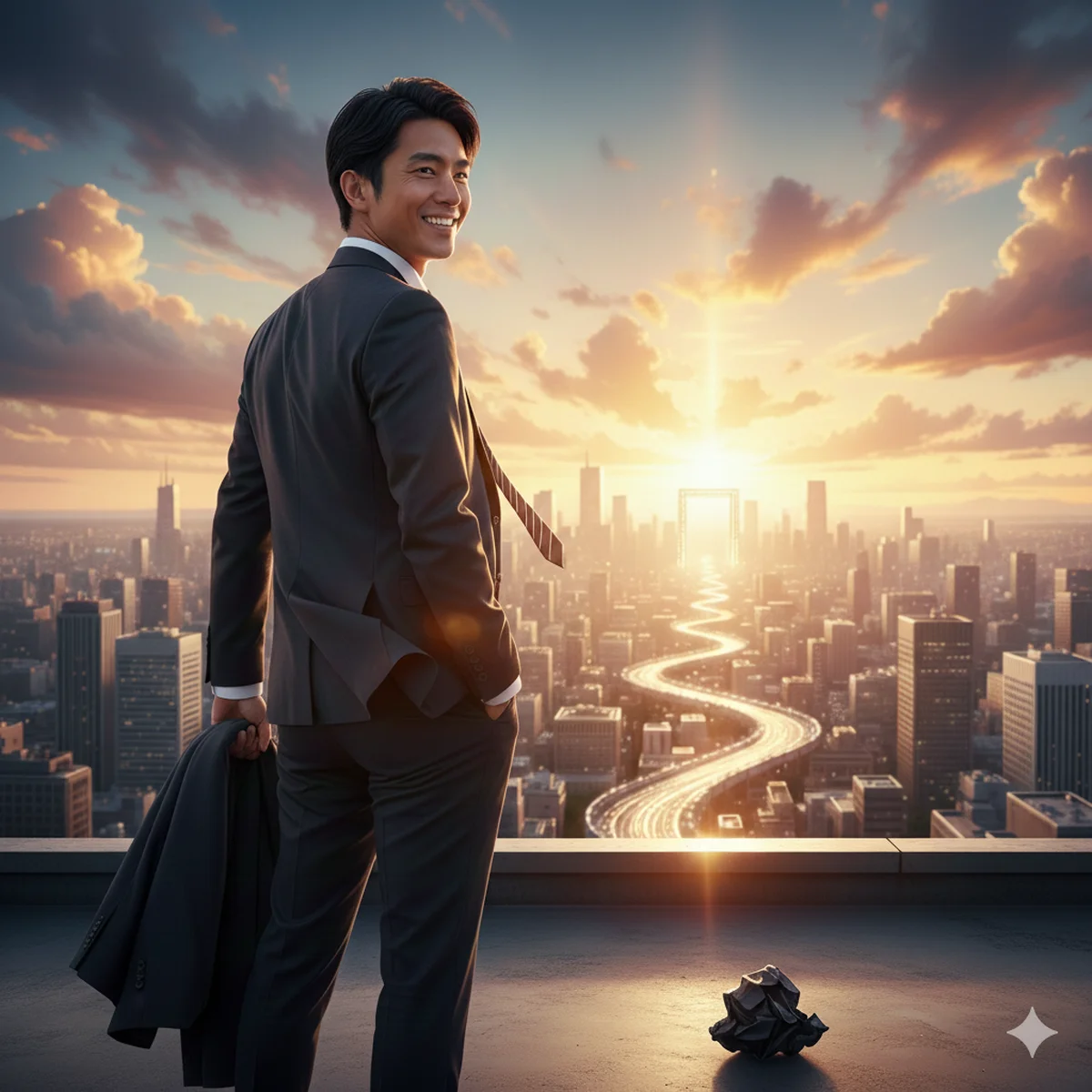 退職後の未来を見据えるスーツ姿の若いビジネスマン