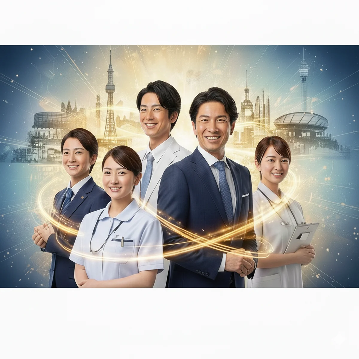 東京や大阪の都市景観を背景に、自信と笑顔に満ちた日本人の若手・ベテラン男女の介護・医療スペシャリストたちが並ぶ、美的で洗練されたイメージ画像