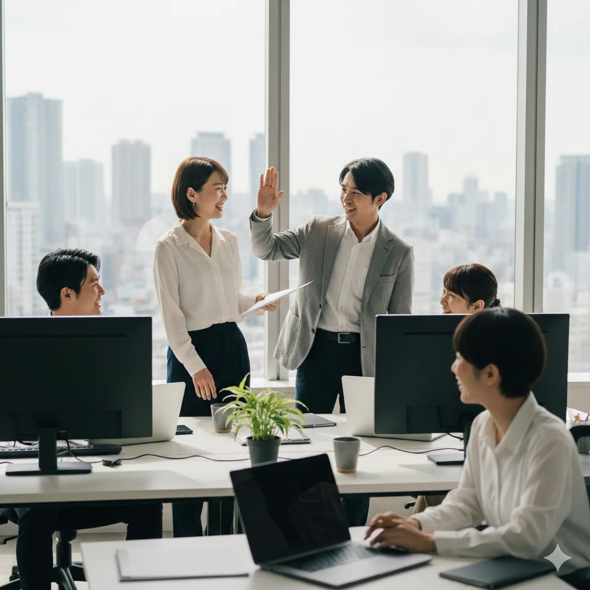 明るいオフィスで笑顔の20代エンジニアチーム