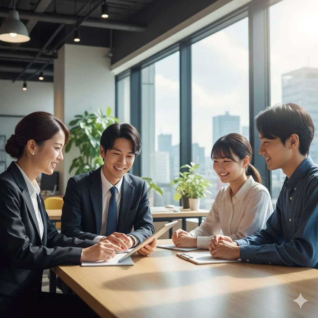 UZUZのキャリアアドバイザーが大学生・就活生と笑顔で面談する様子。明るいオフィスで未来を語り合う、テレビCMのような高品質なキャリアサポートのイメージ。