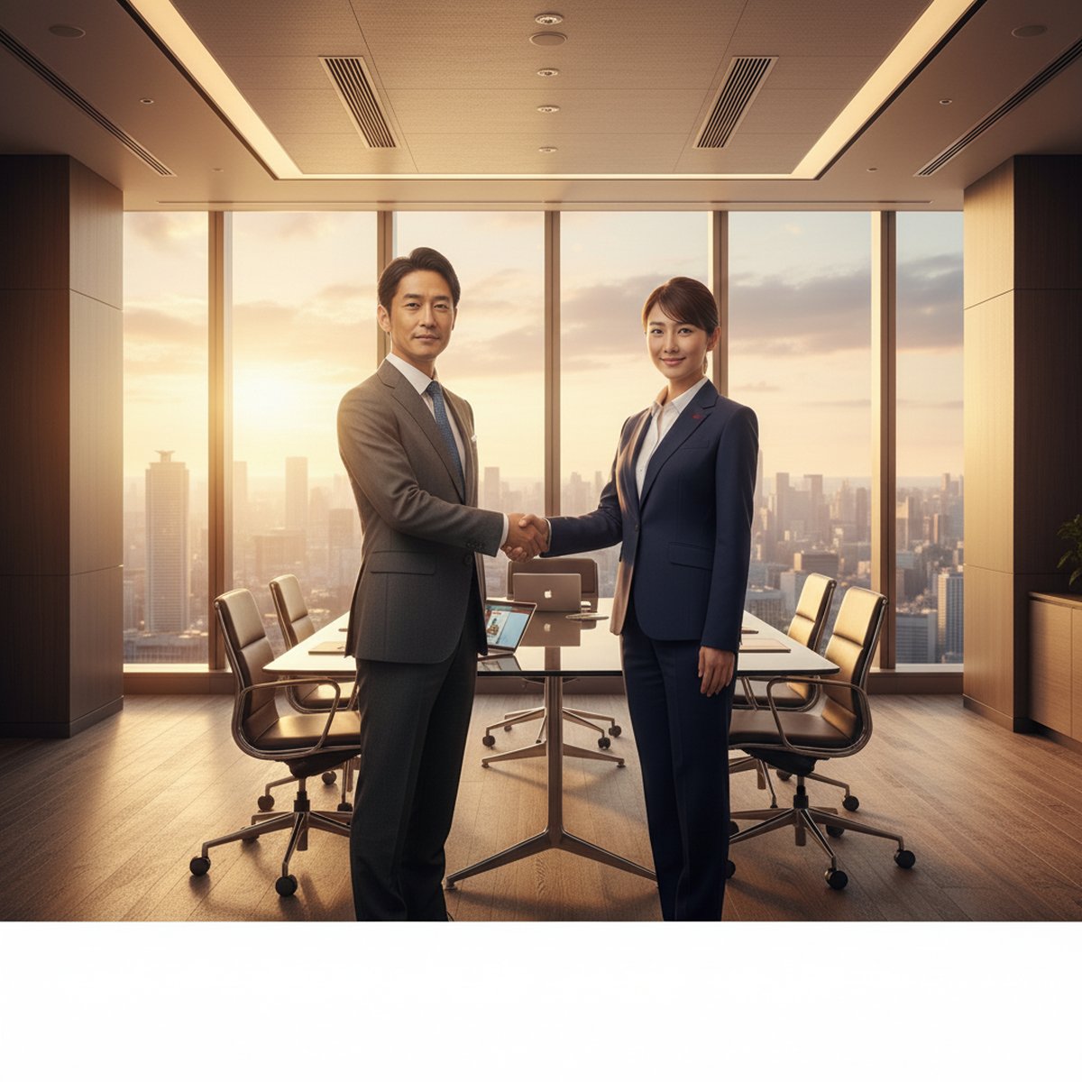 オフィスで握手するリクルーターとCFO候補の写真(ヤマトヒューマンキャピタルのイメージ)