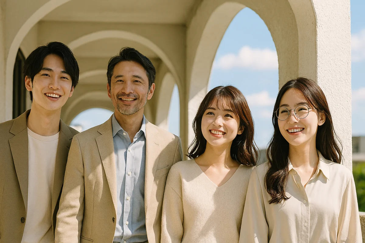 退職代行相談イメージ。誠実な表情の日本人男女が屋外のアーチを背景に並ぶ様子