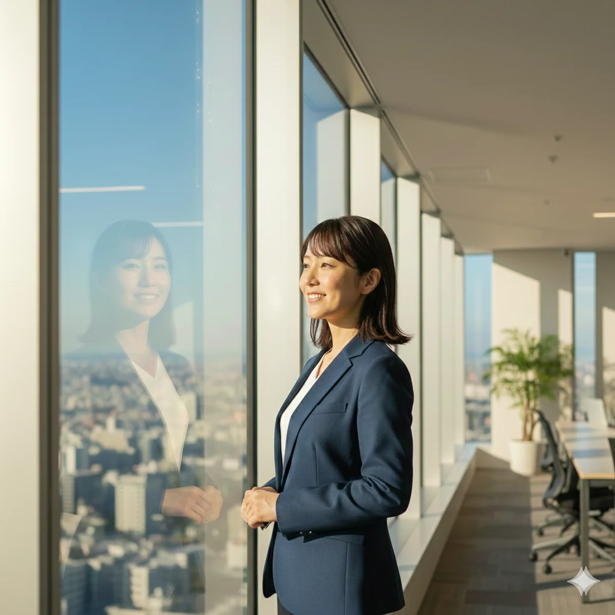 明るいモダンなオフィスで窓の外を眺め、ZaPASSコーチングによる未来のキャリアビジョンを描く女性ビジネスパーソン