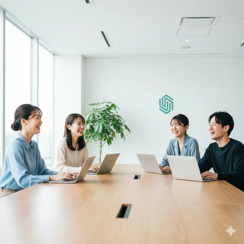 明るいオフィスで働く笑顔の20代チーム